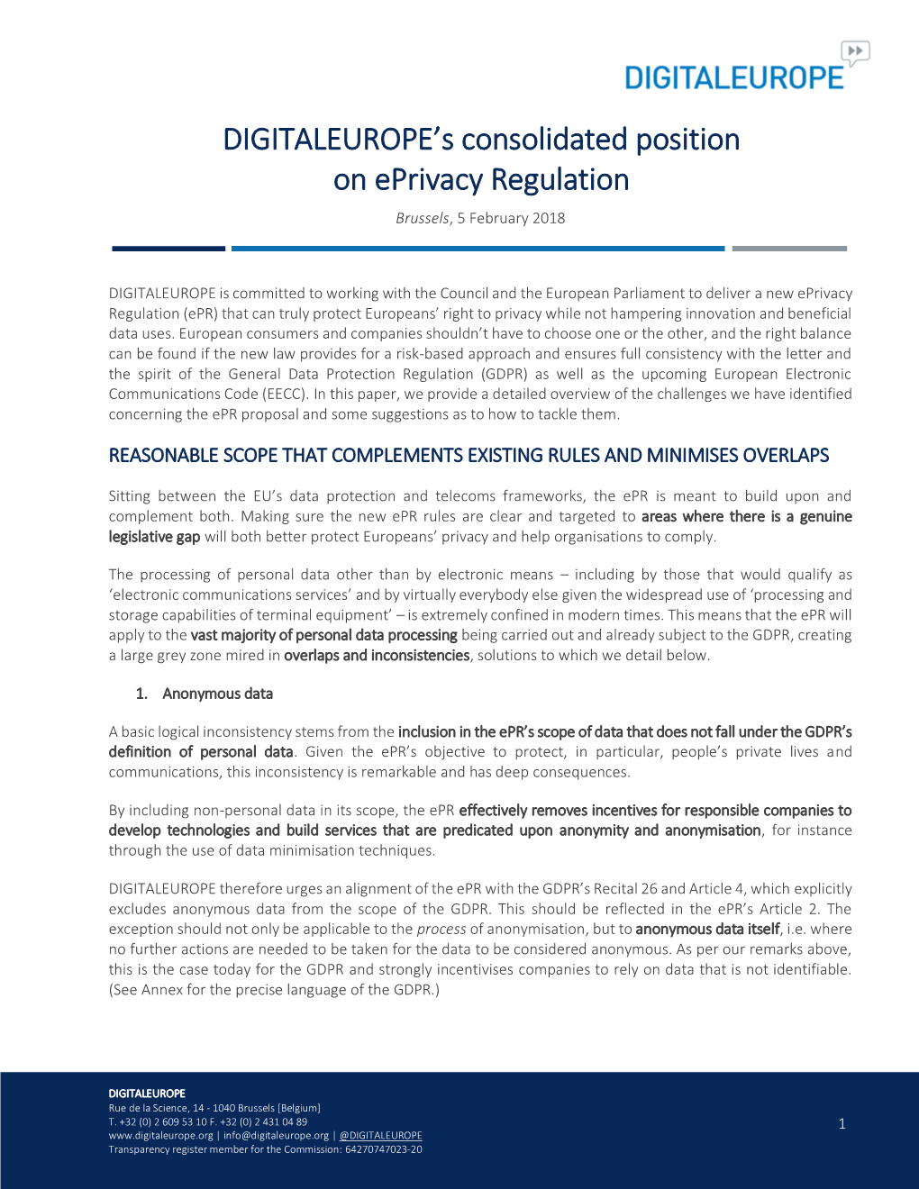 DIGITALEUROPE's Consolidated Position on Eprivacy Regulation