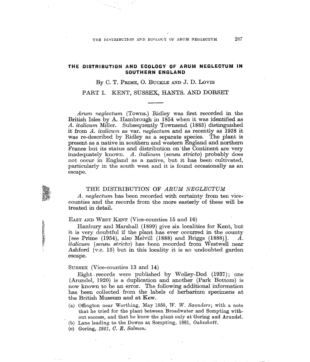 By C. T. PRIME, O. BUCKLE and J. D. LOVIS Arum Neglectum (Towns.) Ridley Was First Recorded in the British Isles by A. Hambrough