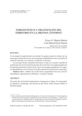 Terratenencia Y Organización Del Territorio En La Orotava (Tenerife)