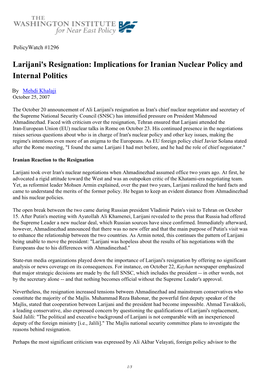Larijani's Resignation: Implications for Iranian Nuclear Policy and Internal Politics