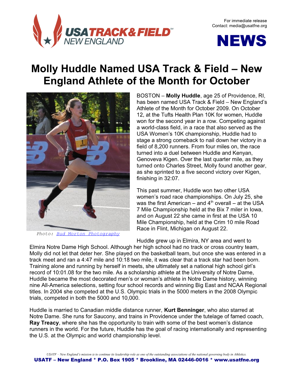 Molly Huddle Named USA Track & Field – New England Athlete of The