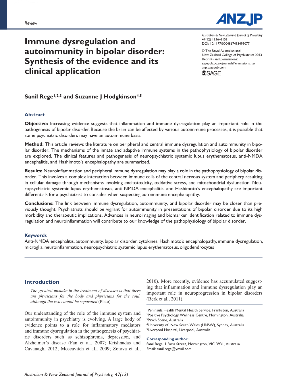 Immune Dysregulation and Autoimmunity in Bipolar Disorder