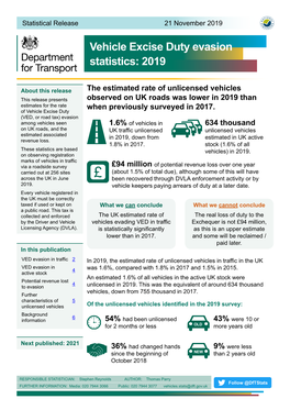 Vehicle Excise Duty Evasion Statistics: 2019