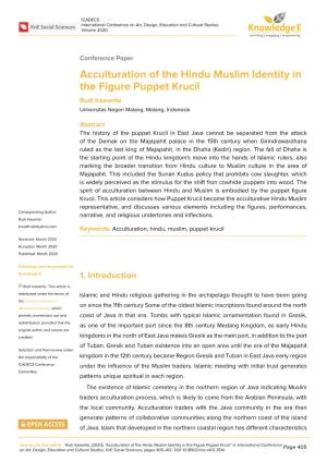 Acculturation of the Hindu Muslim Identity in the Figure Puppet Krucil Rudi Irawanto Universitas Negeri Malang, Malang, Indonesia
