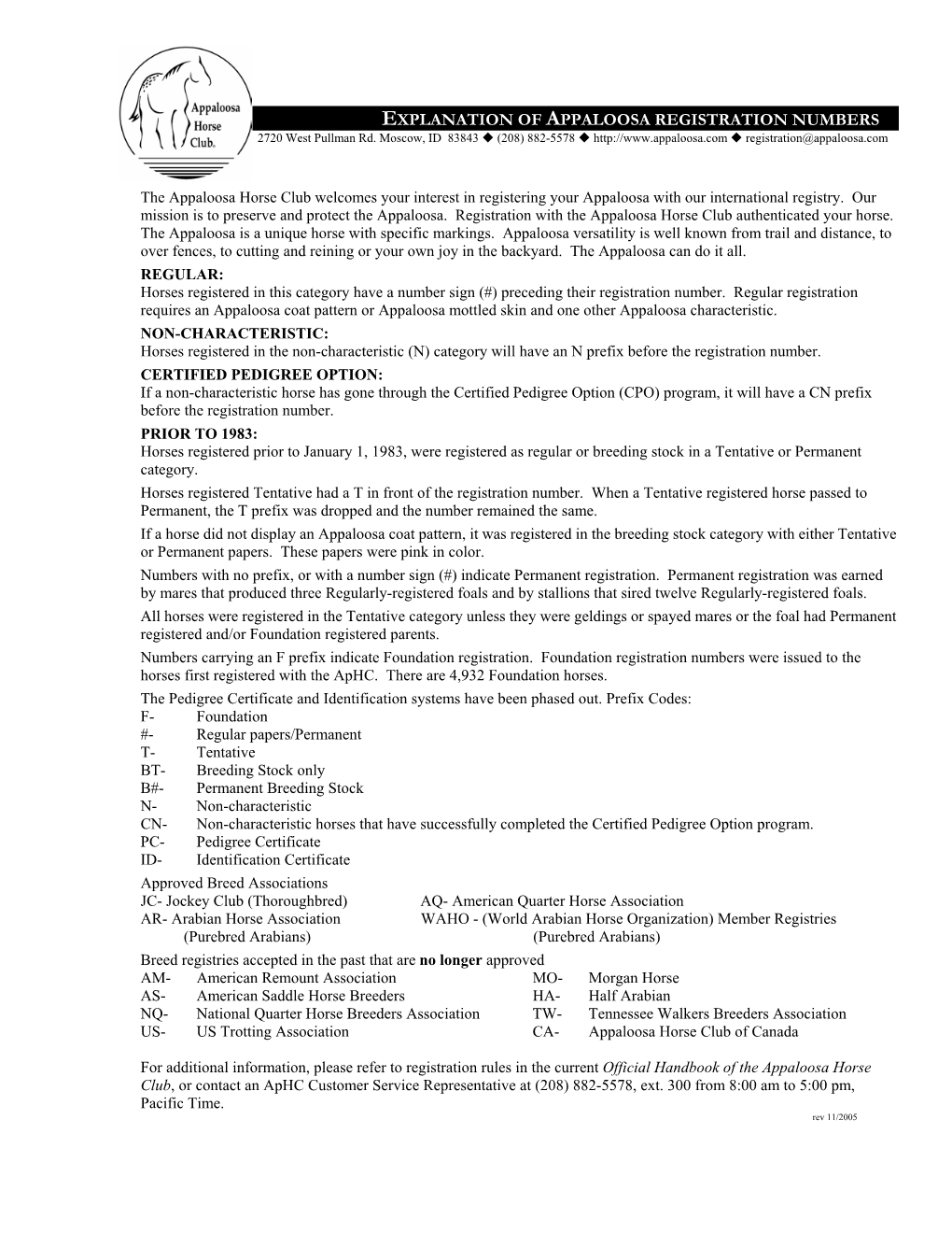 EXPLANATION of APPALOOSA REGISTRATION NUMBERS 2720 West Pullman Rd
