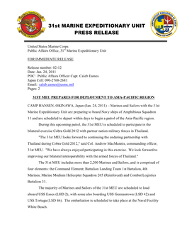 31St MARINE EXPEDITIONARY UNIT PRESS RELEASE