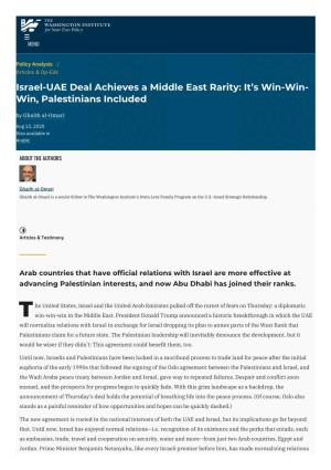 Israel-UAE Deal Achieves a Middle East Rarity: It's Win-Win-Win, Palestinians Included | the Washington Institute