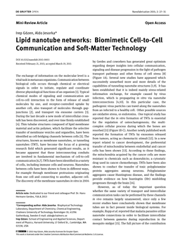 Lipid Nanotube Networks: Biomimetic Cell-To-Cell Communication and Soft-Matter Technology