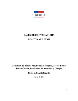 BASES DE CONVOCATORIA REACTÍVATE PYME Comunas De Taltal, Mejillones, Tocopilla, María Elena, Sierra Gorda, San Pedro De Atacam