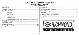 LOCK-RIGHT Performace Locker Vehicle Owner’S Manual Table of Contents Introduction
