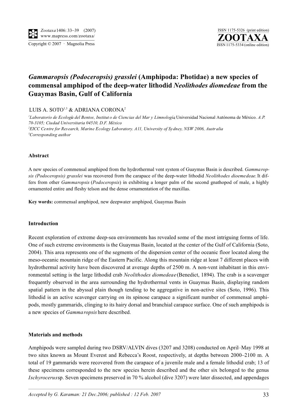 Zootaxa 1406: 33–39 (2007) ISSN 1175-5326 (Print Edition) ZOOTAXA Copyright © 2007 · Magnolia Press ISSN 1175-5334 (Online Edition)