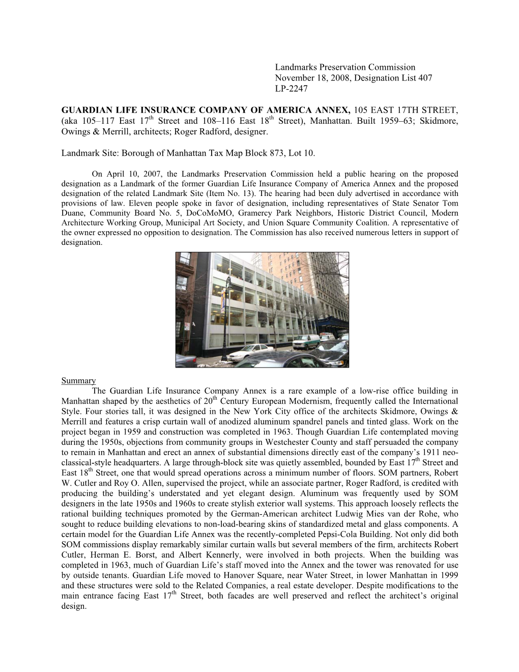 Landmarks Preservation Commission November 18, 2008, Designation List 407 LP-2247 GUARDIAN LIFE INSURANCE COMPANY of AMERICA