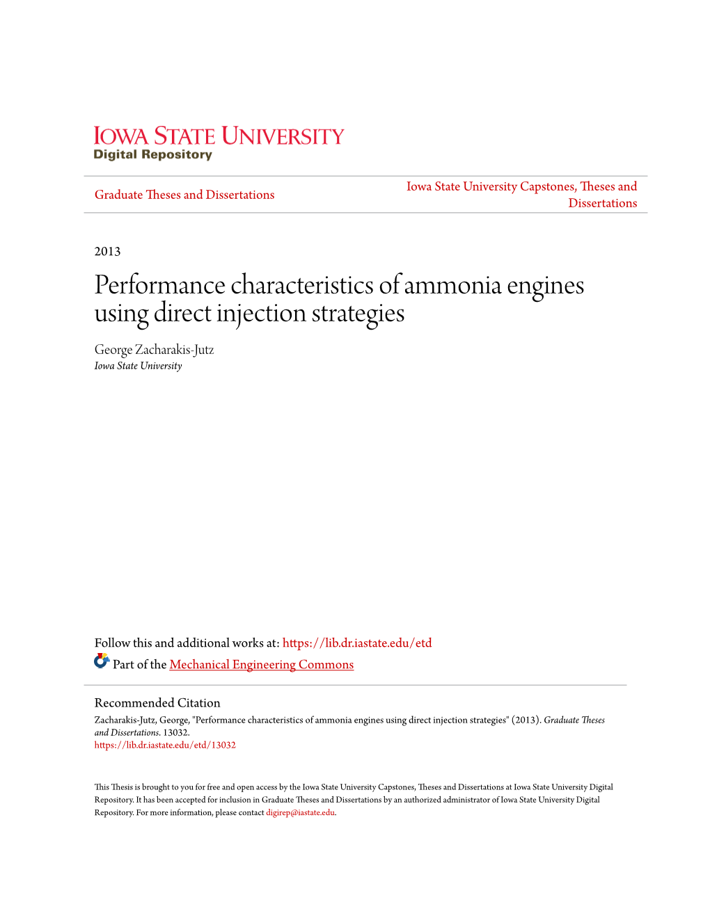 Performance Characteristics of Ammonia Engines Using Direct Injection Strategies George Zacharakis-Jutz Iowa State University