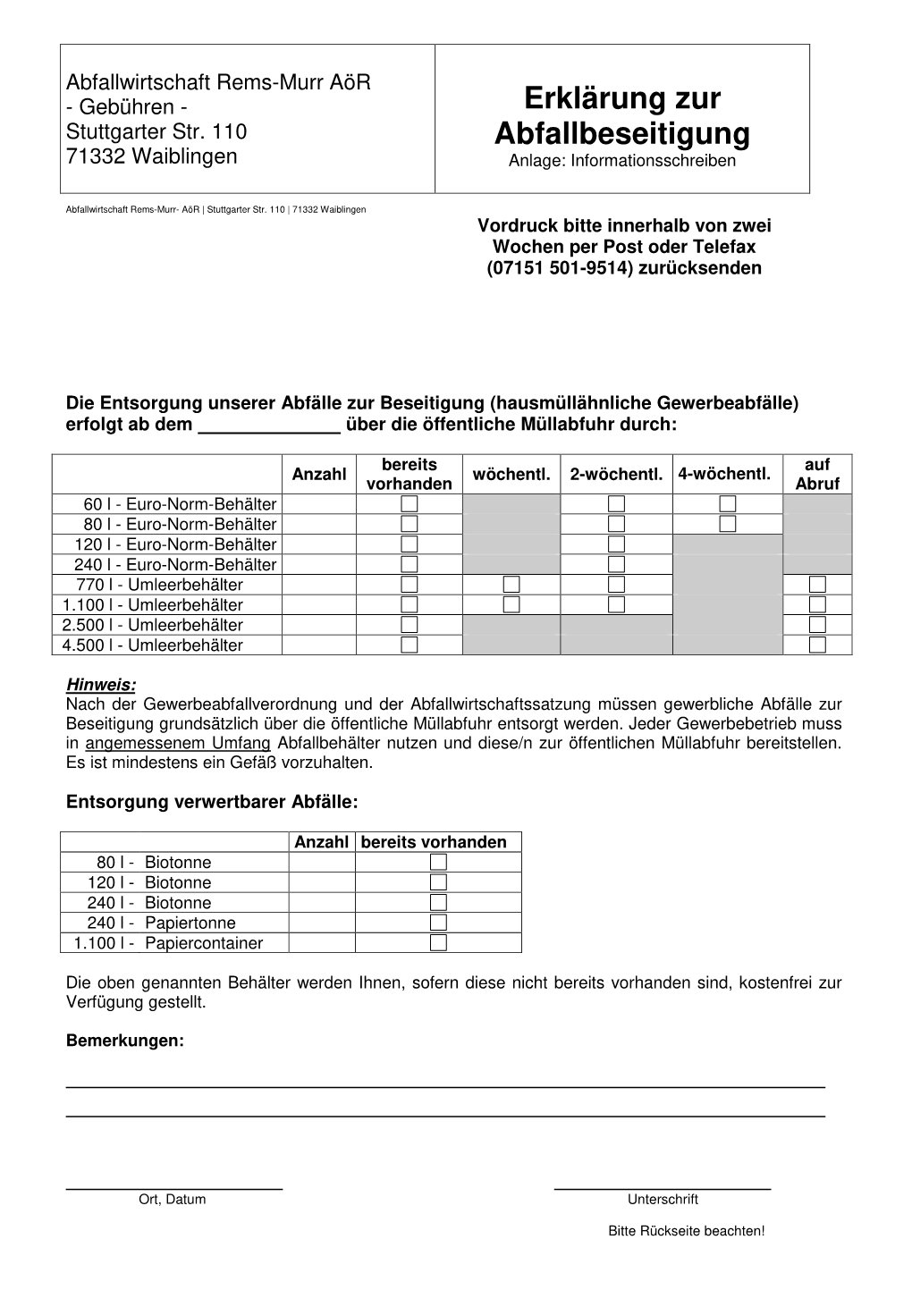 Erklärung Zur Abfallbeseitigung