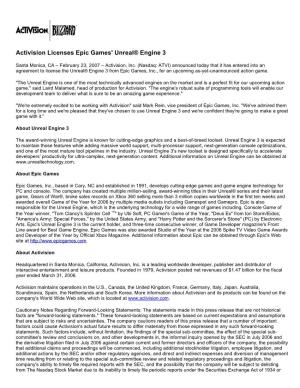 Activision Licenses Epic Games' Unreal® Engine 3