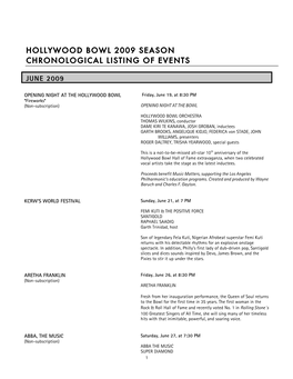Hollywood Bowl 2009 Season Chronological Listing of Events