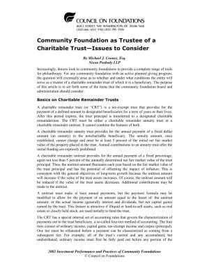 Community Foundation As Trustee of a Charitable Trust–Issues to Consider