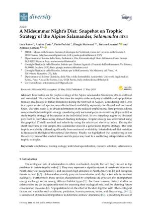 Snapshot on Trophic Strategy of the Alpine Salamander, Salamandra Atra