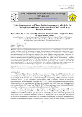 Hydro-Oceanographic and Water Quality Assesments As a Basis for the Development of Offshore Aquaculture in the Weh Island, Aceh Province, Indonesia