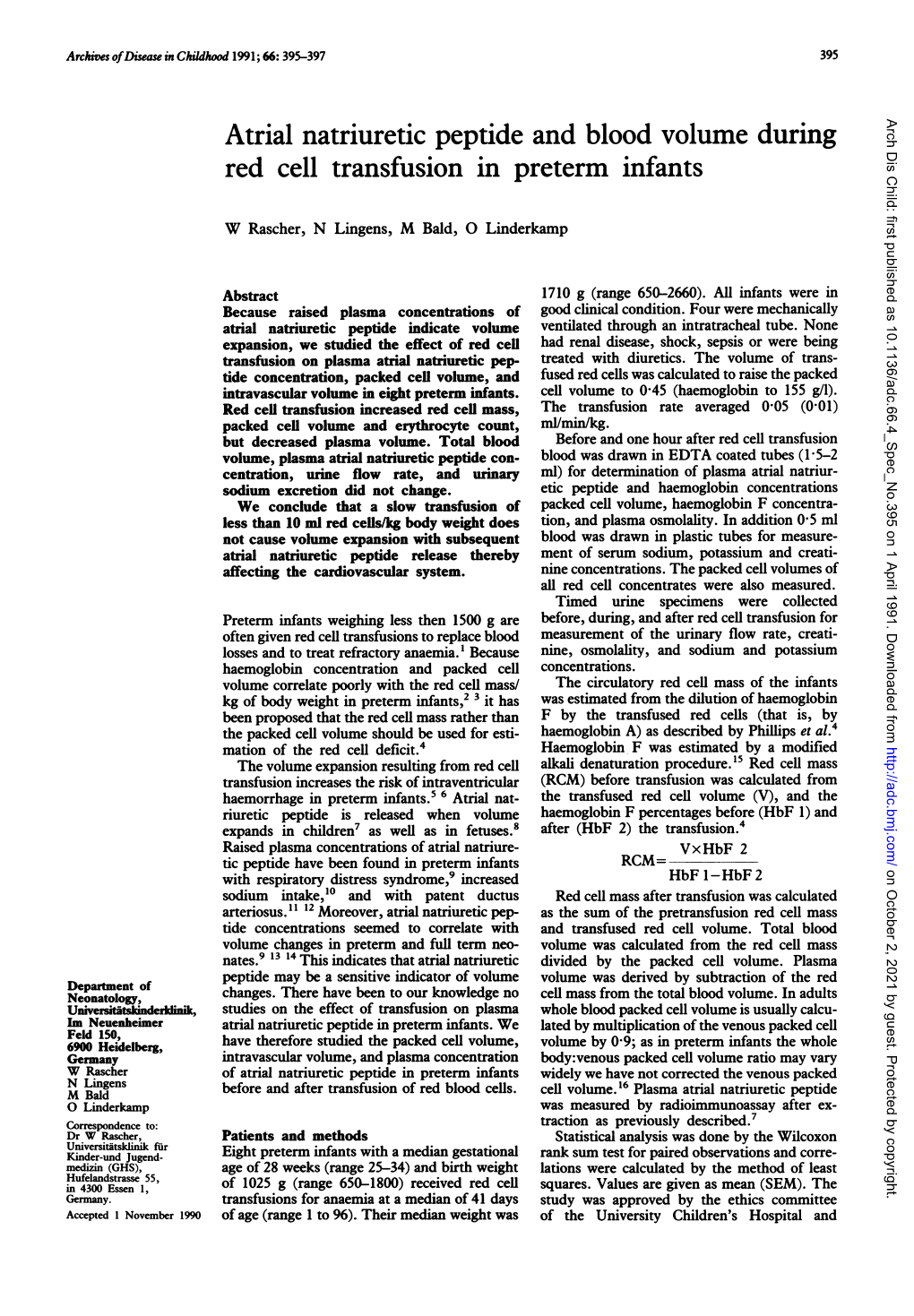 Atrial Natriuretic Peptide and Blood Volume During Red Cell Transfusion