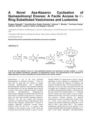 A Novel Aza-Nazarov Cyclization of Quinazolinonyl Enones: a Facile Access to C- Ring Substituted Vasicinones and Luotonins