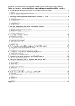 Institute for Information Management and Communication, Kyoto University Table of Contents for the 2016 Information Environment Manual for Students 1