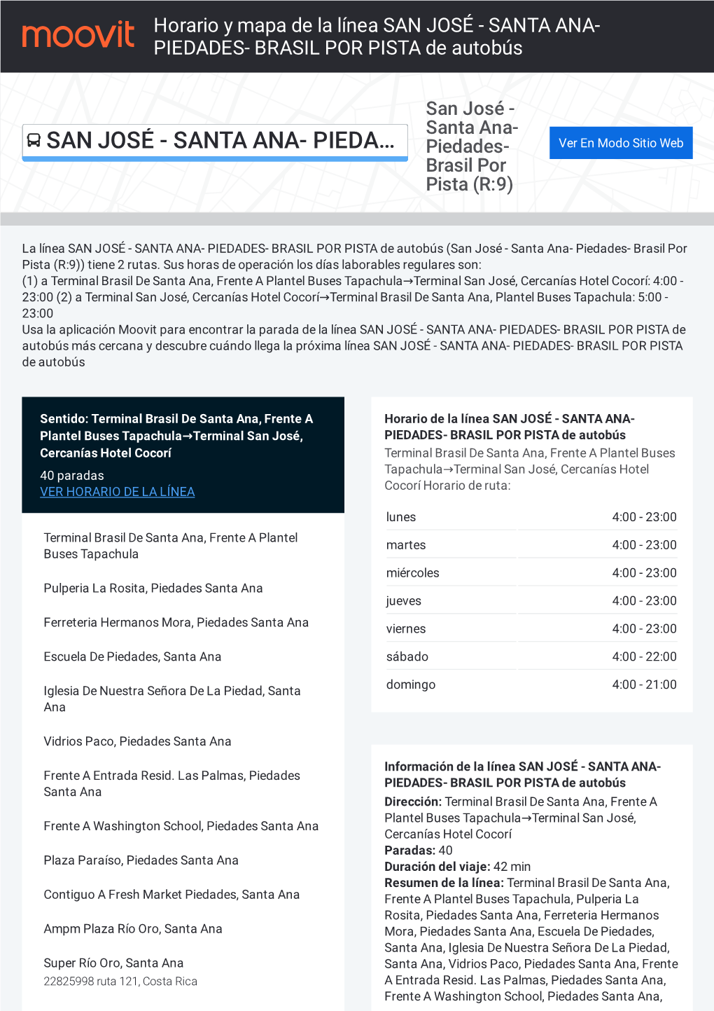 Horario Y Mapa De La Ruta SAN JOSÉ