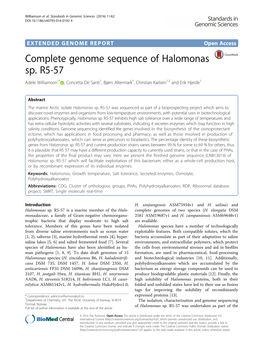 Complete Genome Sequence of Halomonas Sp. R5-57 Adele Williamson1* , Concetta De Santi1, Bjørn Altermark1, Christian Karlsen1,2 and Erik Hjerde1