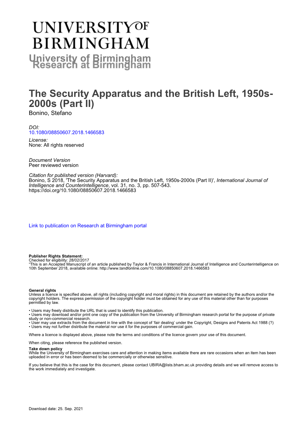 University of Birmingham the Security Apparatus and the British Left