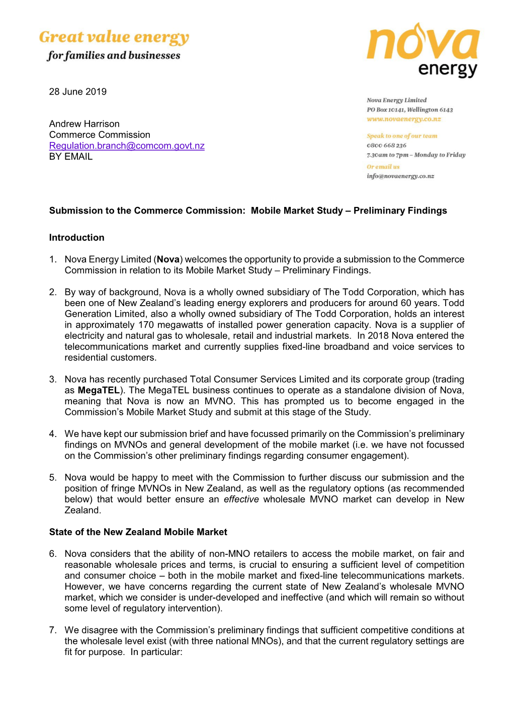 Nova Energy Limited (Nova) Welcomes the Opportunity to Provide a Submission to the Commerce Commission in Relation to Its Mobile Market Study – Preliminary Findings