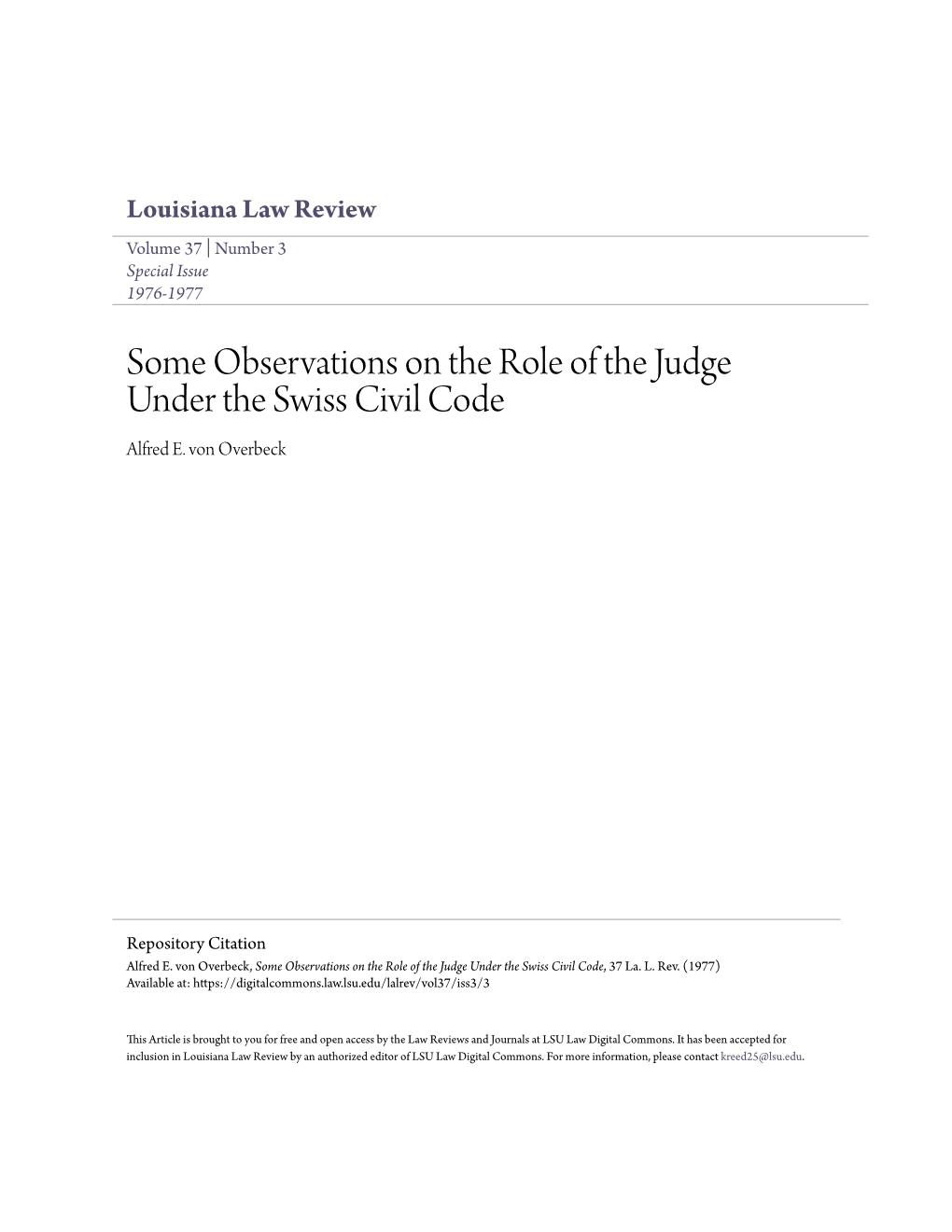 Some Observations on the Role of the Judge Under the Swiss Civil Code Alfred E