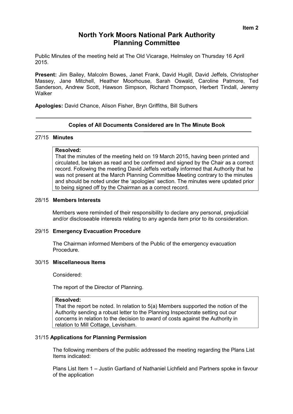 North York Moors National Park Authority Planning Committee