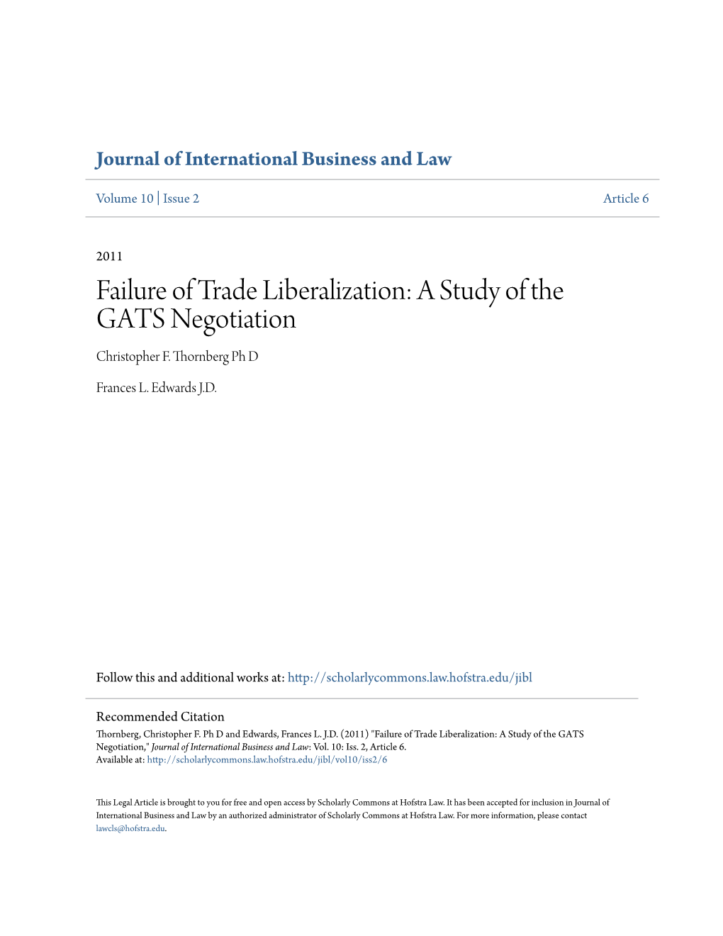 Failure of Trade Liberalization: a Study of the GATS Negotiation Christopher F