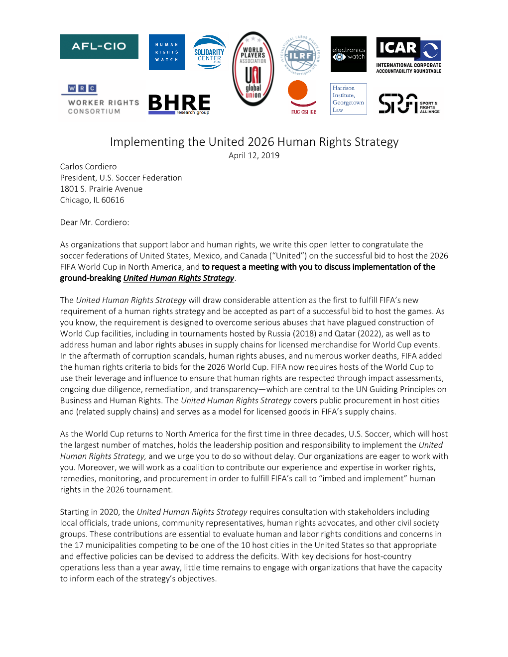 United 2026 Labor Stakeholders Letter to US Soccer April 12