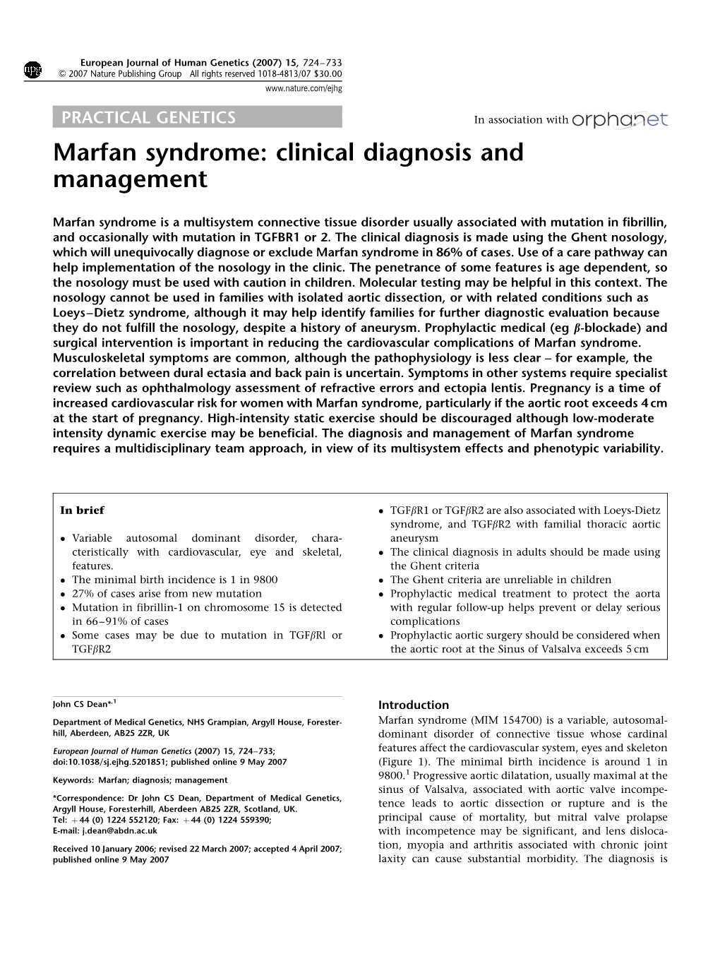 Marfan Syndrome: Clinical Diagnosis and Management