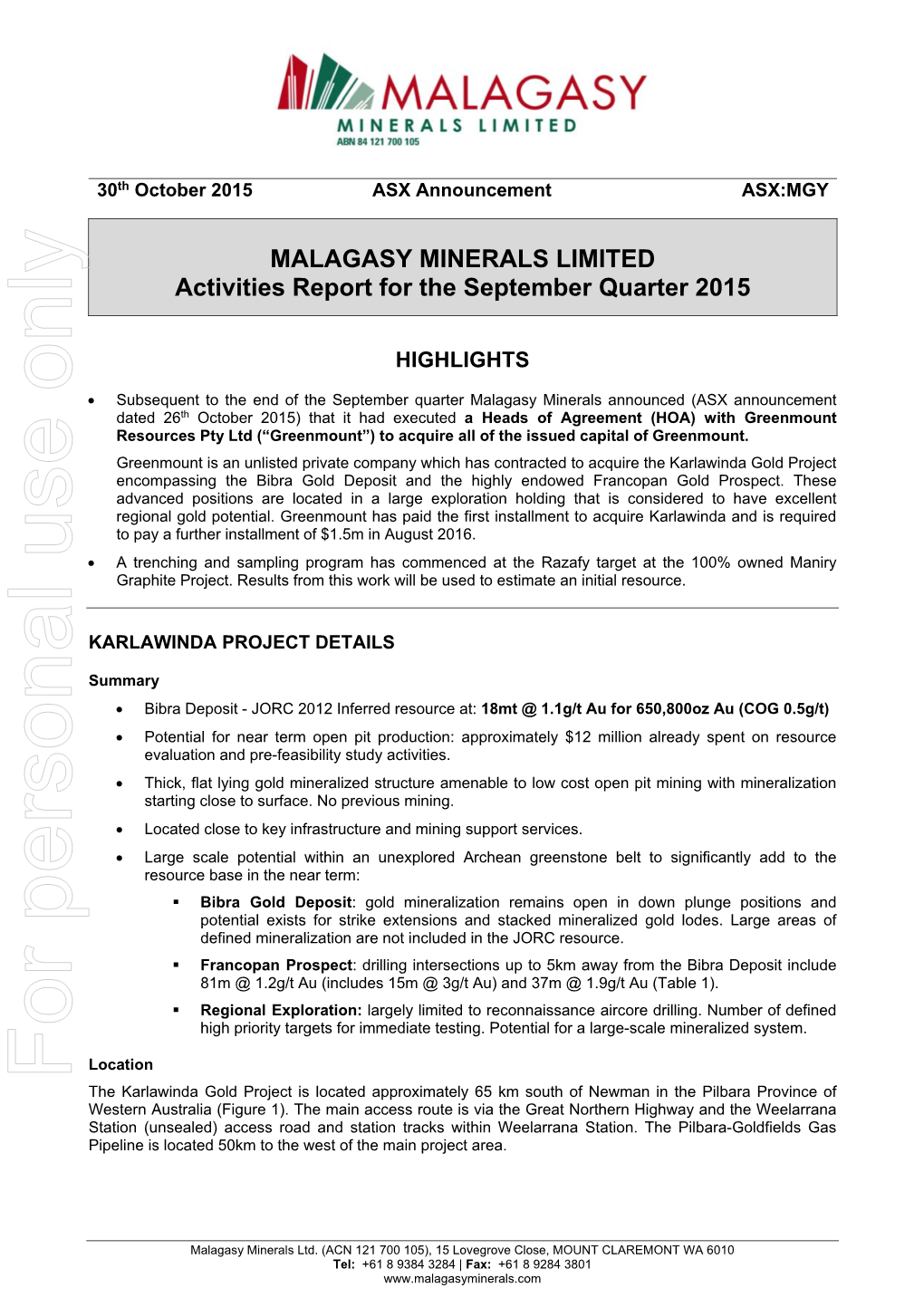 MALAGASY MINERALS LIMITED Activities Report for the September Quarter 2015