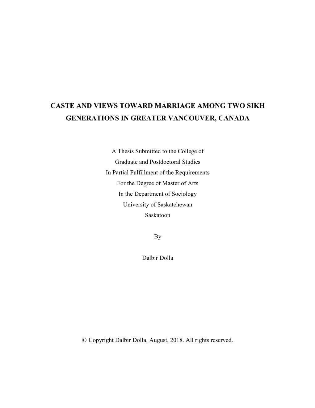 Caste and Views Toward Marriage Among Two Sikh Generations in Greater Vancouver, Canada