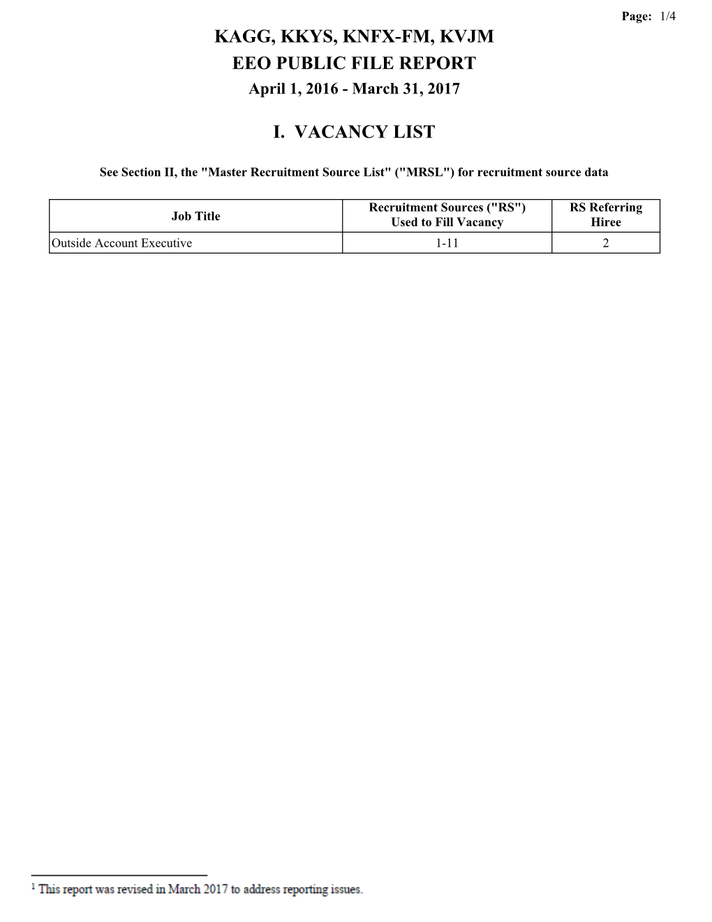 Kagg, Kkys, Knfx-Fm, Kvjm Eeo Public File Report I