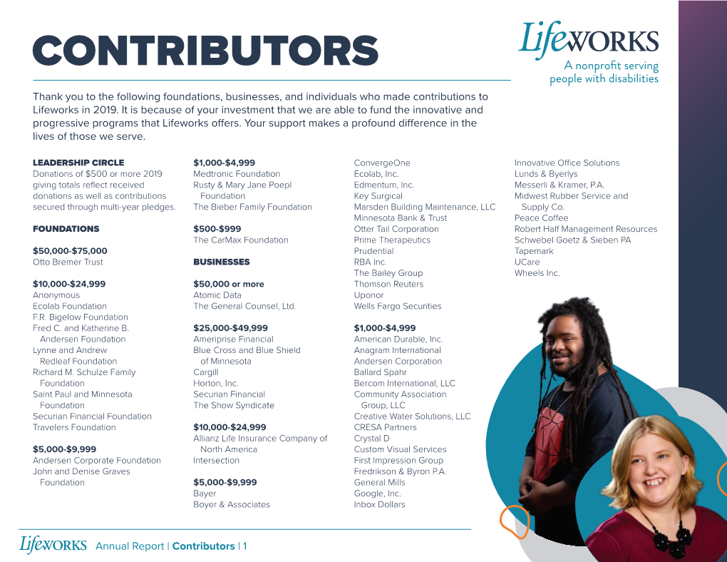 CONTRIBUTORS Thank You to the Following Foundations, Businesses, and Individuals Who Made Contributions to Lifeworks in 2019