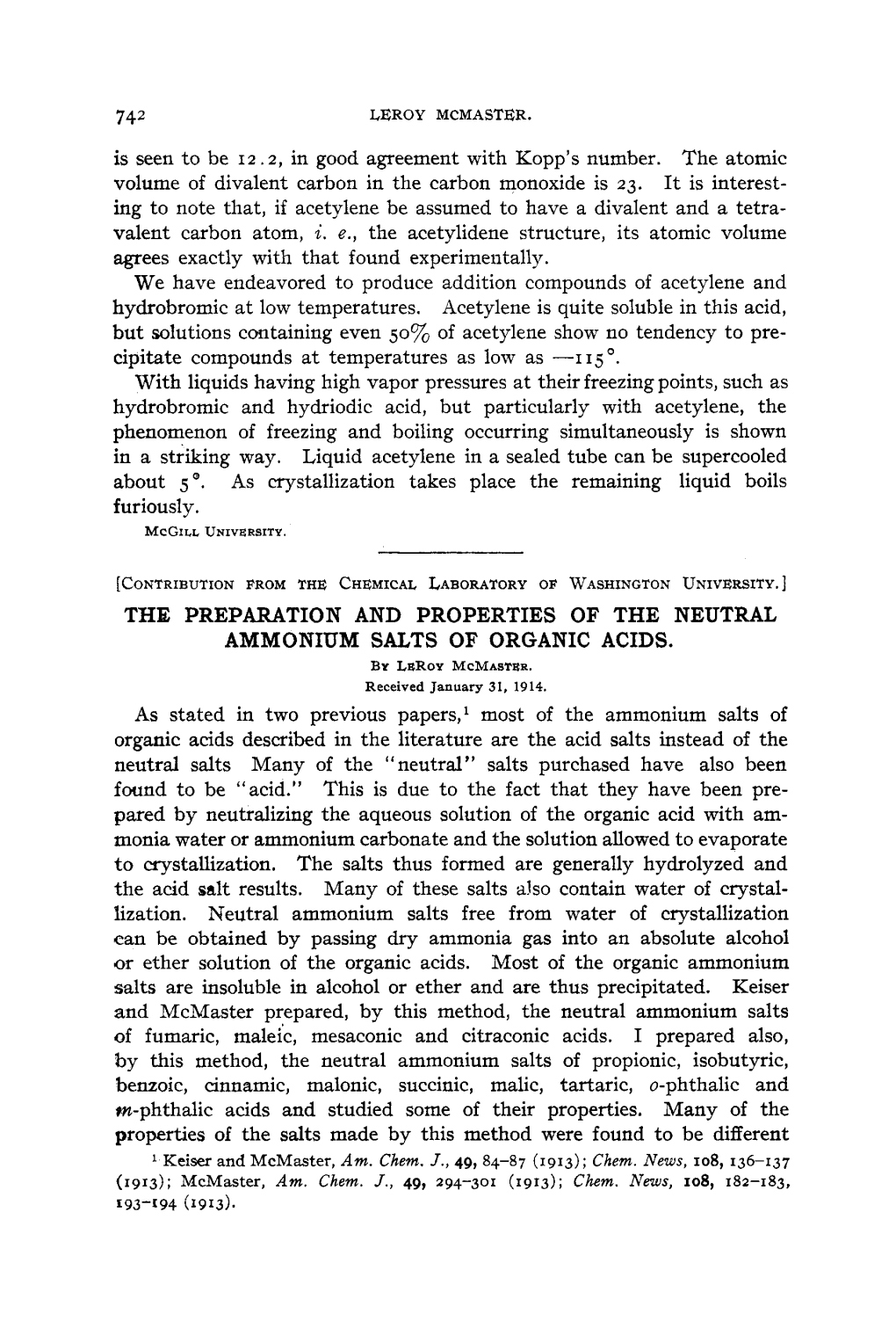 The Preparation and Properties of the Neutral Ammonium Salts of Organic Acids