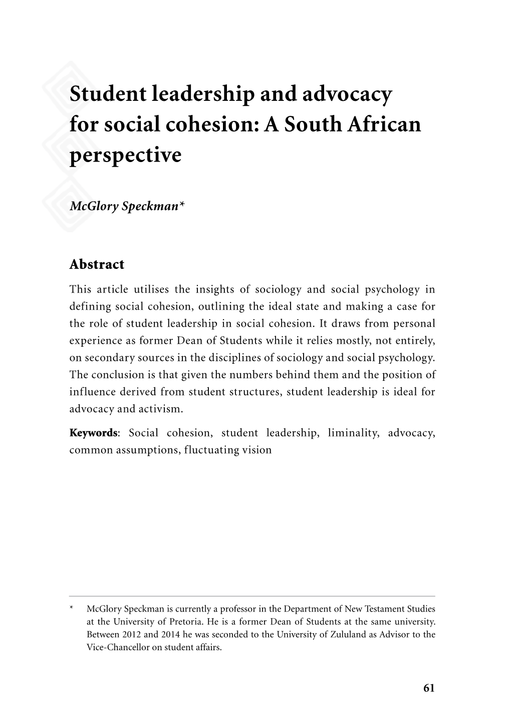 Student Leadership and Advocacy for Social Cohesion: a South African Perspective