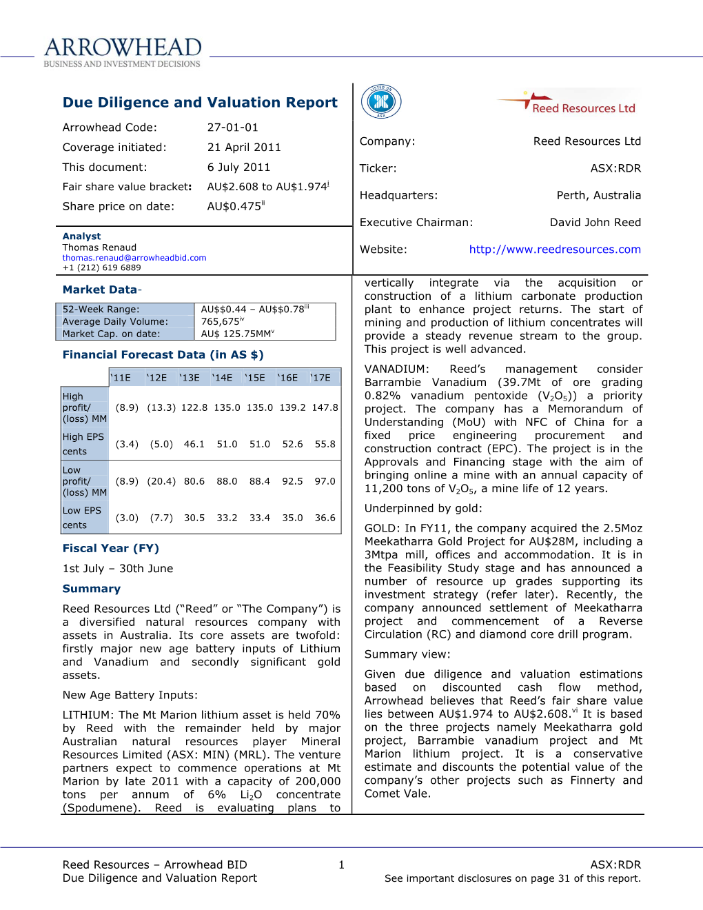 Due Diligence and Valuation Report