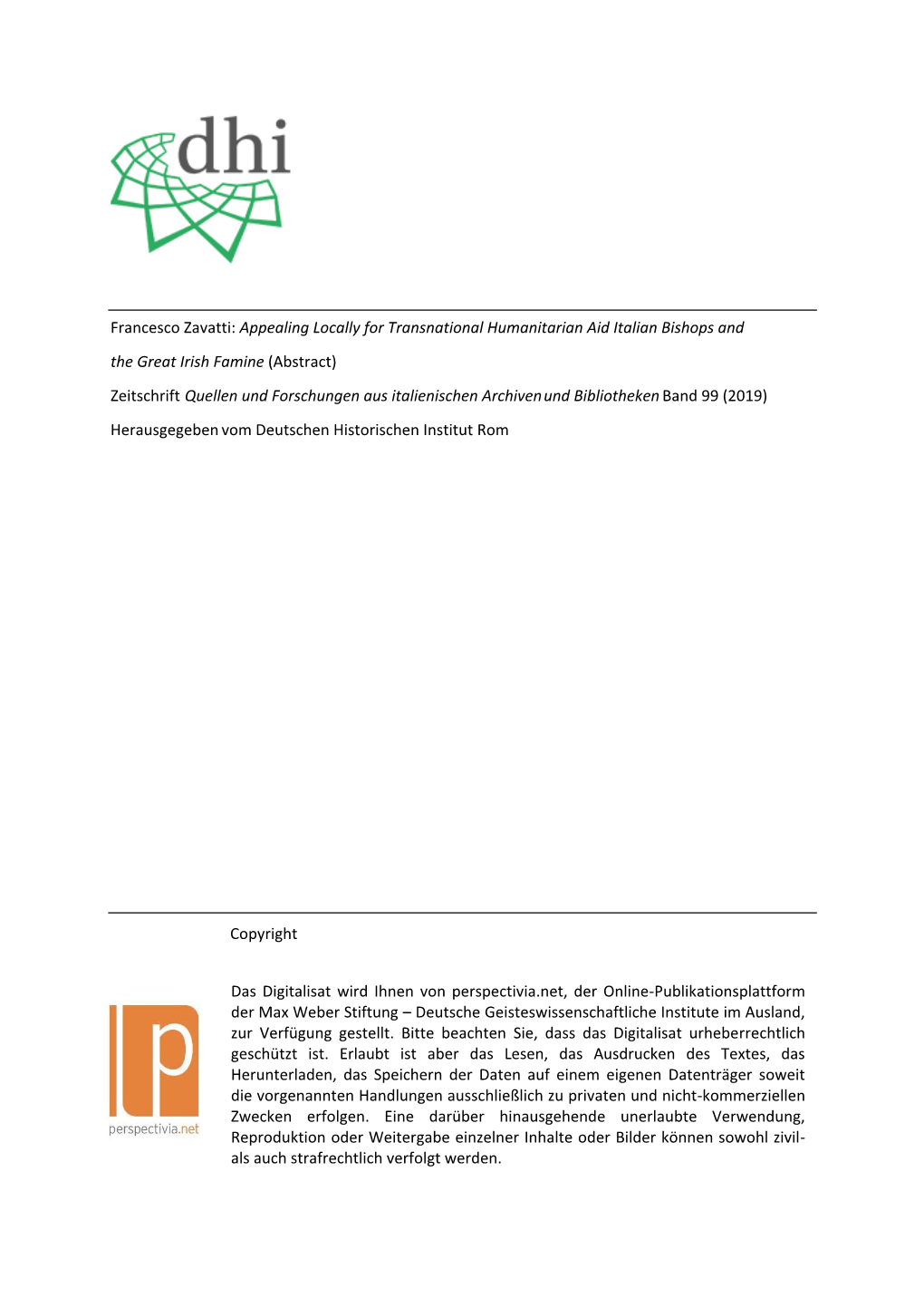 Francesco Zavatti: Appealing Locally for Transnational Humanitarian Aid Italian Bishops and the Great Irish Famine (Abstract)