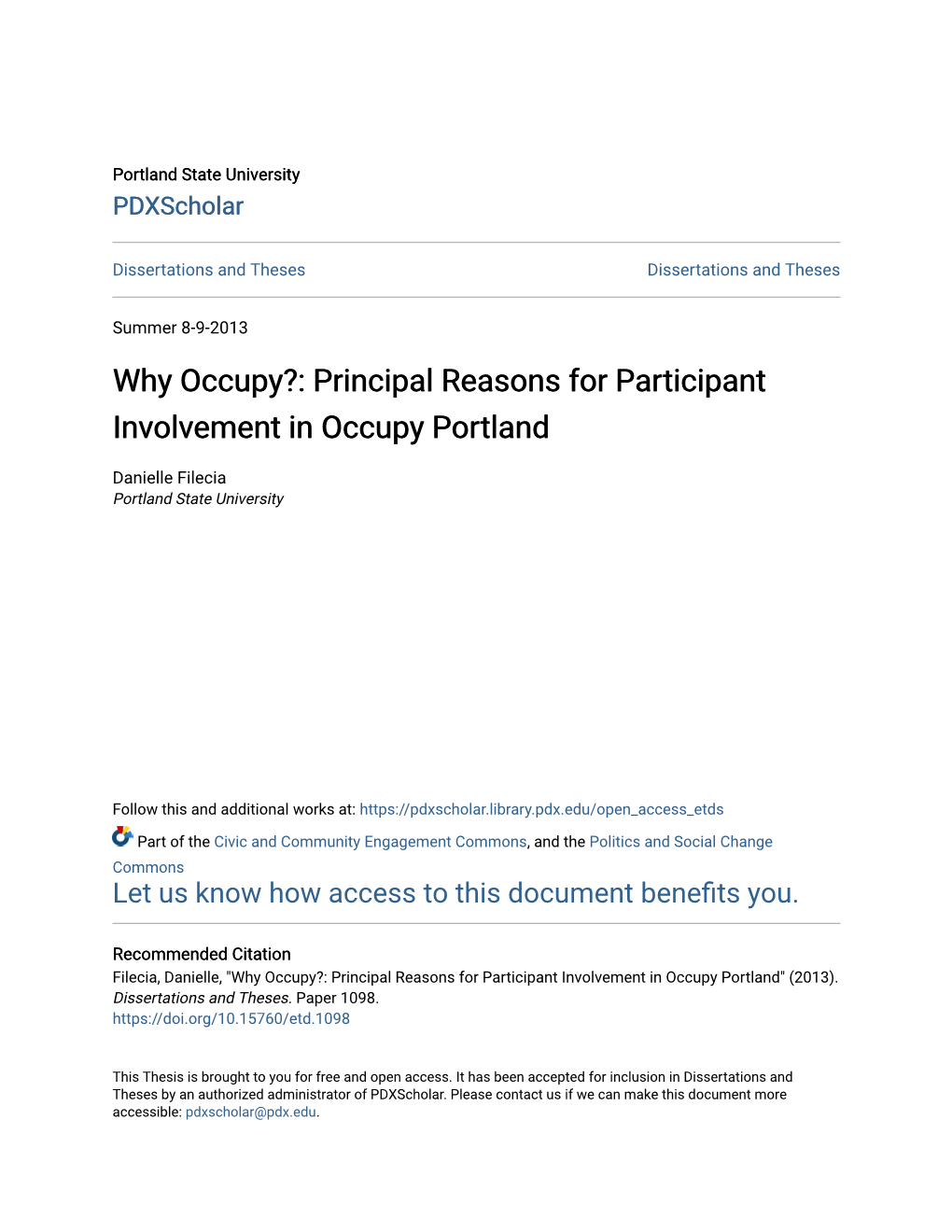 Why Occupy?: Principal Reasons for Participant Involvement in Occupy Portland