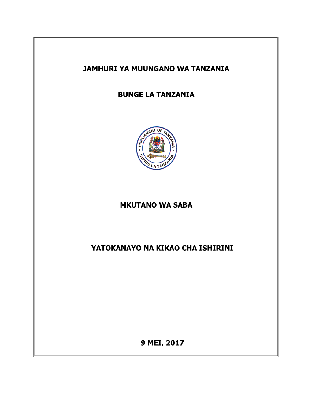 Jamhuri Ya Muungano Wa Tanzania Bunge La Tanzania