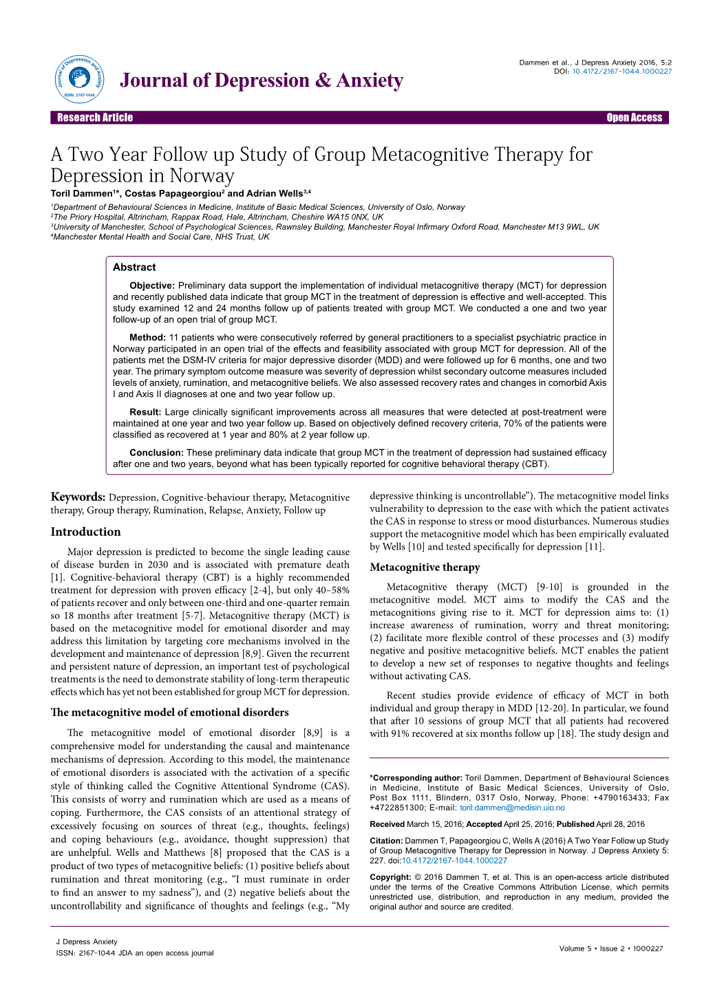 A Two Year Follow up Study of Group Metacognitive Therapy For