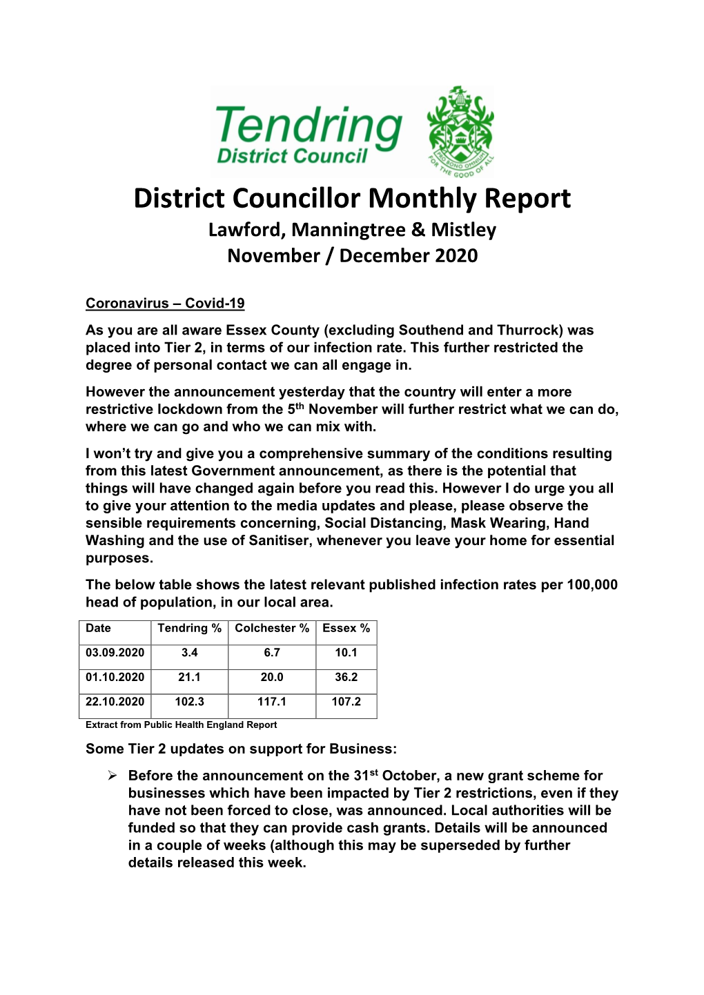 District Councillor Monthly Report Lawford, Manningtree & Mistley November / December 2020