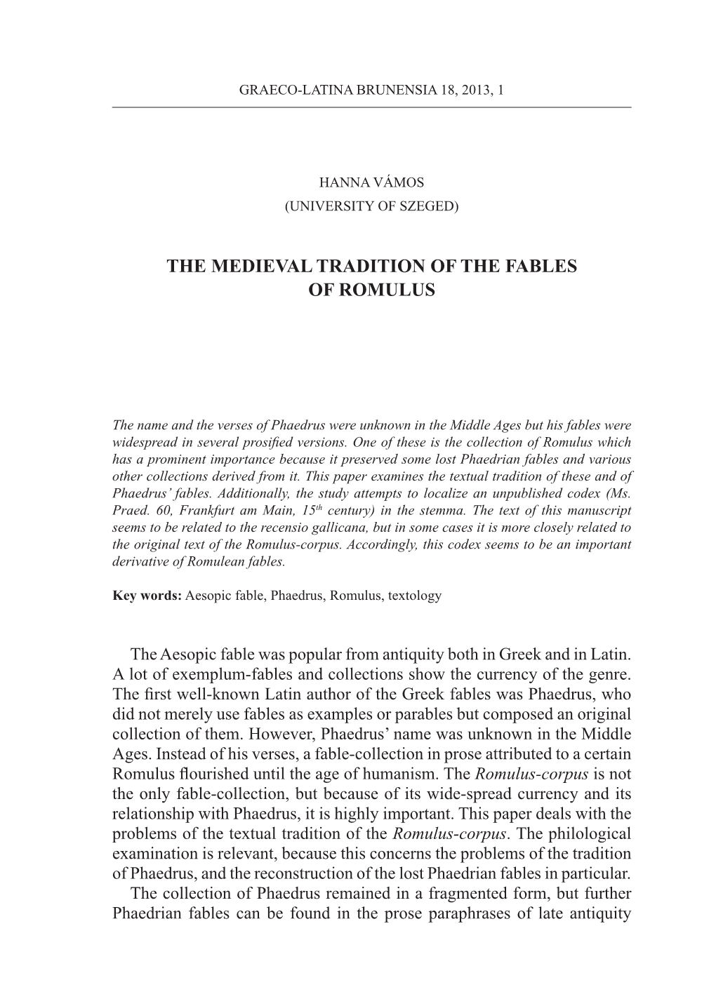 The Medieval Tradition of the Fables of Romulus