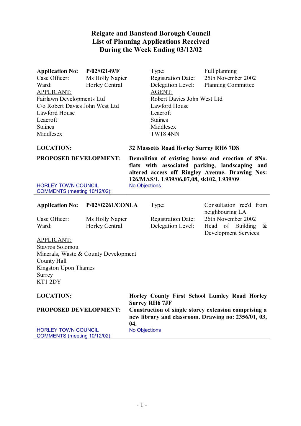 Reigate and Banstead Borough Council List of Planning Applications Received During the Week Ending 03/12/02