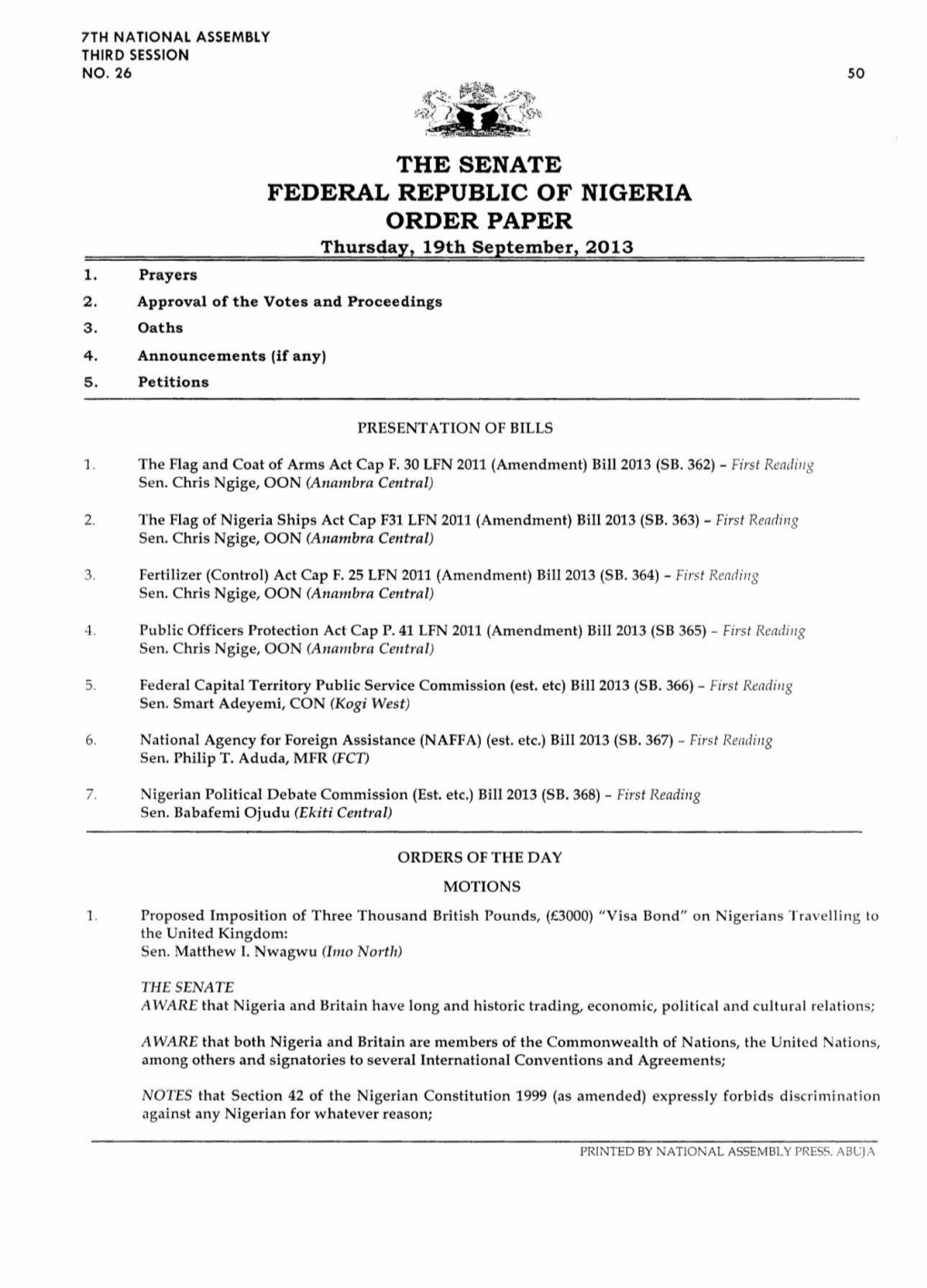 FEDERAL REPUBLIC of NIGERIA ORDER PAPER Thursday, 19Th September, 2013 1